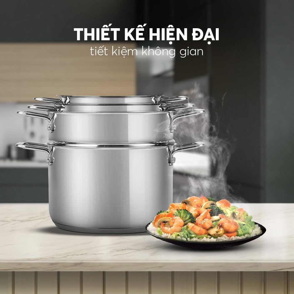 BỘ NỒI INOX 5 MÓN SMARTCOOK MINI SM 2303S SIZE 16,18,20, XỬNG HẤP 3 TẦNG SIZE 16,18,20cm: BỀN ĐẸP – ĐA TIỆN ÍCH