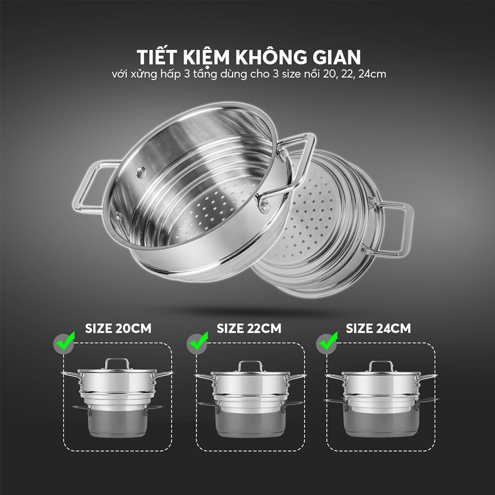BỘ NỒI INOX 5 MÓN SMARTCOOK MINI SM 2303S SIZE 16,18,20, XỬNG HẤP 3 TẦNG SIZE 16,18,20cm: BỀN ĐẸP – ĐA TIỆN ÍCH